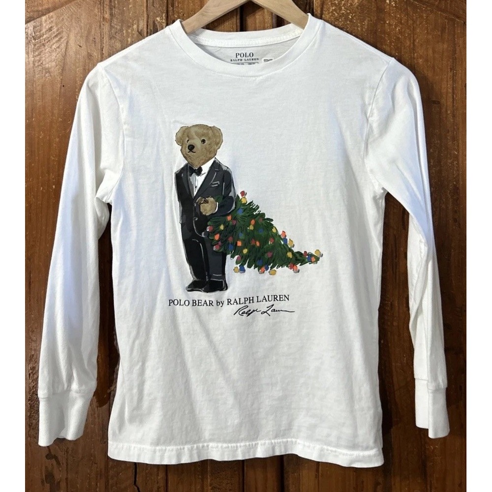 Polo Ralph Lauren Christmas Tree Bear Graphic L/S T Shirt Med 10-12 Clean